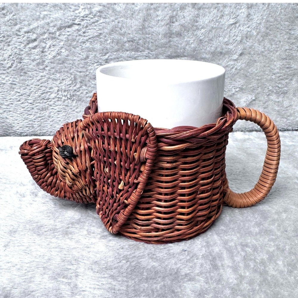 Elephant Mug Vintage Wicker Basket Holder w/ White Ceramic Cup Cottagecore Boho